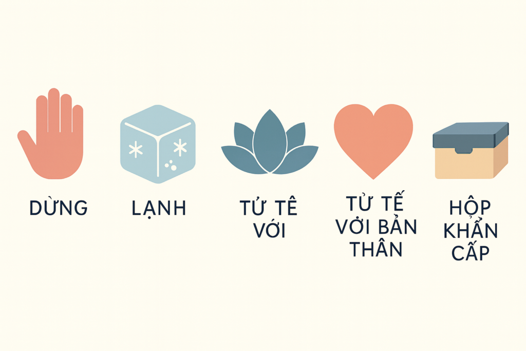Đồ họa thông tin phong cảnh: Năm biểu tượng cho việc điều chỉnh cảm xúc – Kỹ năng DỪNG LẠI (bàn tay), Kỹ năng Lạnh (viên đá), Chánh niệm (hoa sen), Lòng tự trắc ẩn (trái tim), Bộ dụng cụ khẩn cấp (hộp nhỏ).