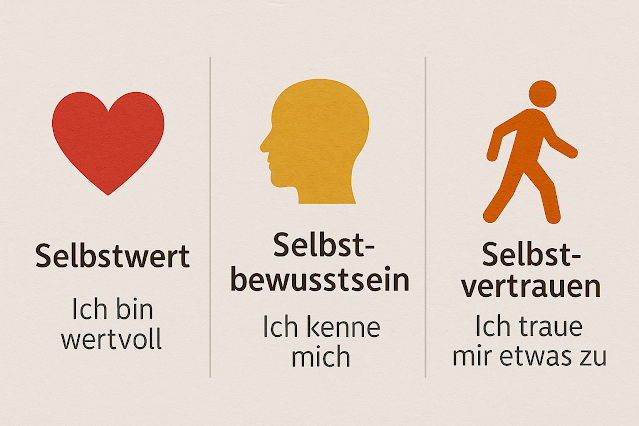 Drei nebeneinander angeordnete Blöcke – Herzsymbol „Selbstwert – Ich bin wertvoll“, Kopf-Silhouette „Selbstbewusstsein – Ich kenne mich“, gehende Figur „Selbstvertrauen – Ich traue mir etwas zu“.