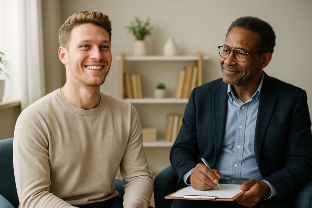 Selbstwert gestärkt Ein Patient sitzt entspannt und strahlt Selbstwert aus, während der Therapeut ihn stolz und anerkennend betrachtet. Symbolbild für erfolgreiche Therapie und gestärktes Selbstwertgefühl.