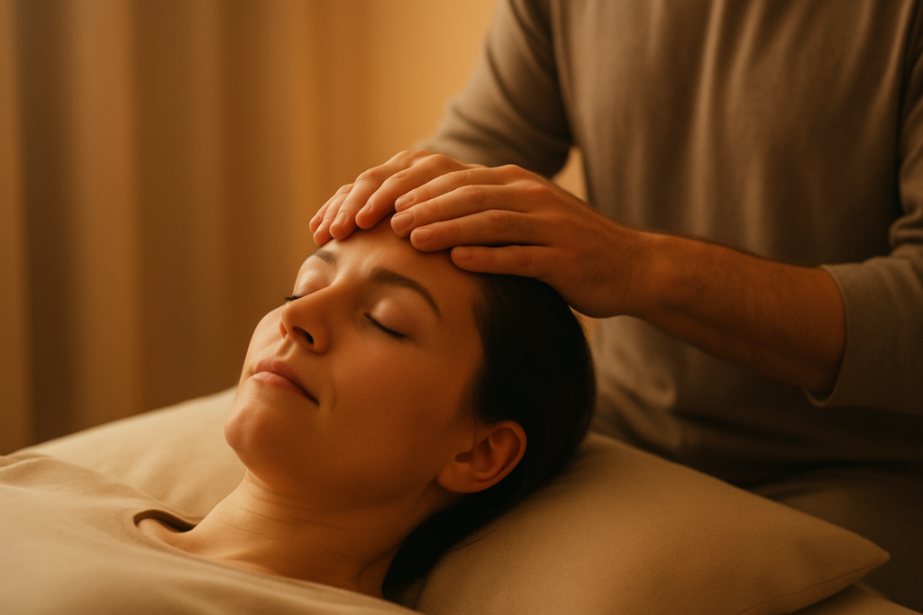 Đặt tay lên đầu trong quá trình điều trị Reiki
