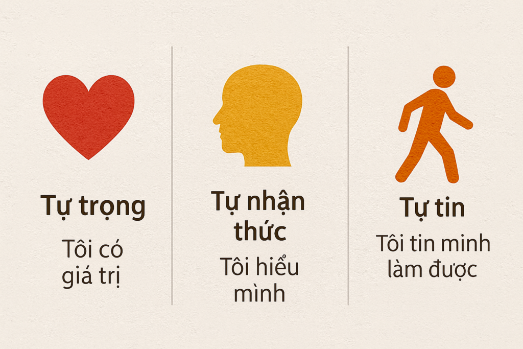 Ba khối hình được sắp xếp cạnh nhau – biểu tượng trái tim “Giá trị bản thân – Tôi có giá trị”, hình bóng đầu người “Tự tin – Tôi hiểu rõ bản thân”, hình người đang đi “Niềm tin vào bản thân – Tôi dám làm điều gì đó”.