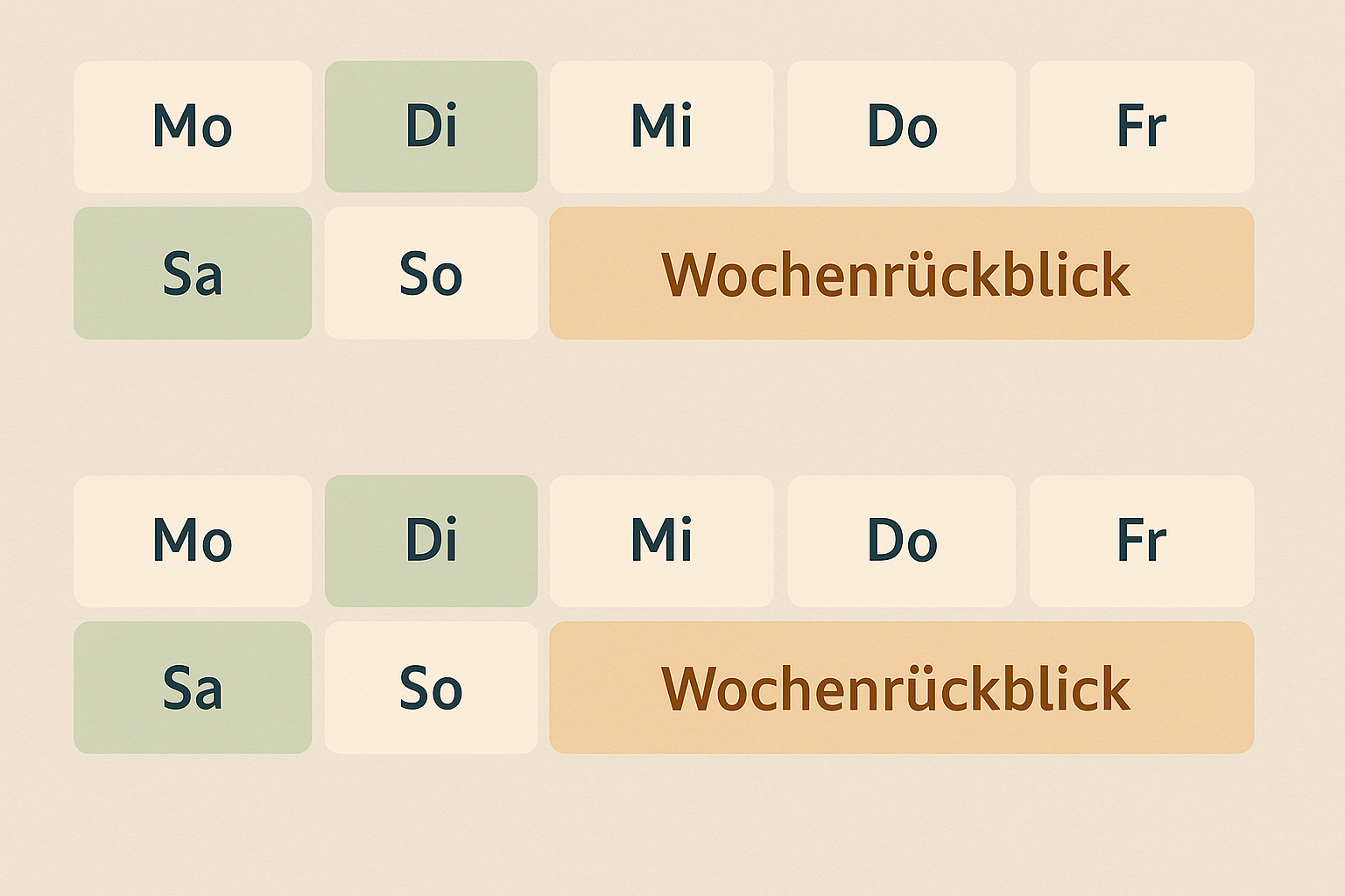 Infografik im Querformat: 14 nummerierte Kästchen („Tag 1“ bis „Tag 14“) in zwei Reihen, jeweils mit minimalistischen Symbolen für die täglichen Übungen (Stift, Sprechblase, Figur, Buch, Herz, Häkchen, Pfeil, Hand, Smartphone mit Pause, Megafon, Stern usw.).