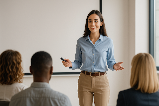 Hình ảnh chân thực theo bố cục ngang: Một phụ nữ trẻ tự tin thuyết trình trước một nhóm nhỏ. Cô đứng thẳng, mỉm cười và nói chuyện bình tĩnh trong khi khán giả chăm chú lắng nghe. Hình ảnh mang tính biểu tượng về sự tự tin trong các tình huống trình bày và thuyết trình.