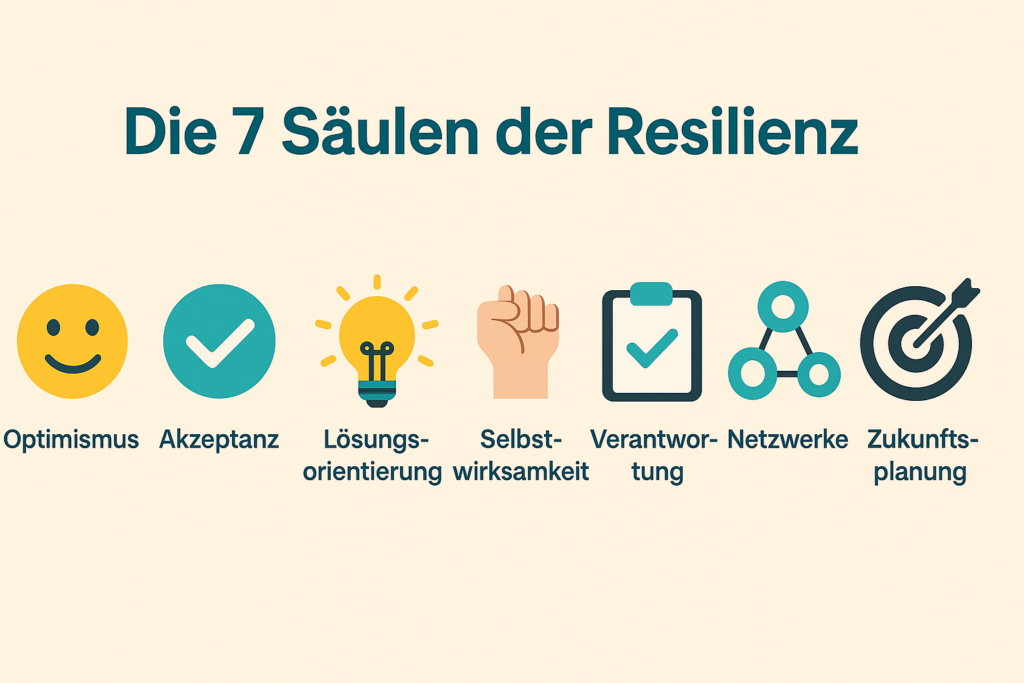 Infografik Infografik – 7 Säulen der Resilienz: Optimismus, Akzeptanz, Selbstwirksamkeit