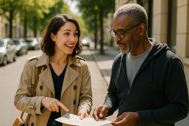 Eine Frau fragt freundlich einen Mann auf der Straße nach dem Weg. Beide lächeln, die Stimmung ist hell und positiv. Symbolbild für kleine Mut-Aufgaben im Alltag, die Selbstvertrauen stärken.