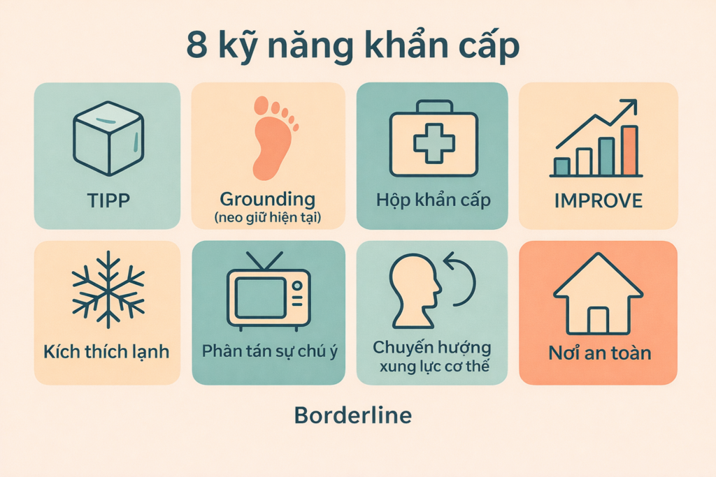 Đồ họa thông tin theo khổ ngang: Tám kỹ năng cấp tính để tự điều chỉnh trong rối loạn nhân cách ranh giới, được trình bày trên hai hàng với các biểu tượng cho TIP, Tiếp đất, Bộ dụng cụ khẩn cấp, CẢI THIỆN, Nhịp tim lạnh, Phân tâm, Chuyển hướng xung động cơ thể và Nơi an toàn.