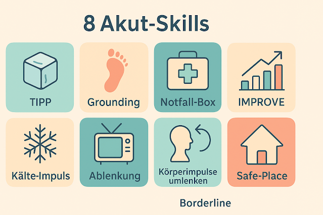 Notfall-Skills Borderline Infografik im Querformat: Acht Akut-Skills zur Selbstregulation bei Borderline, in zwei Reihen mit Symbolen für TIPP, Grounding, Notfall-Box, IMPROVE, Kälte-Impuls, Ablenkung, Körperimpulse umlenken und Safe-Place.