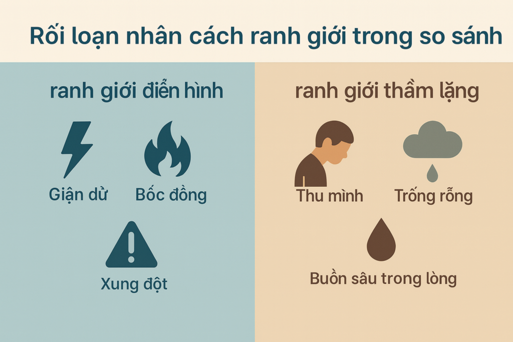 Đồ họa thông tin phong cảnh: So sánh rối loạn nhân cách ranh giới cổ điển (giận dữ, bốc đồng, xung đột) và rối loạn nhân cách ranh giới thể thầm lặng (thu mình, trống rỗng bên trong, buồn bã).