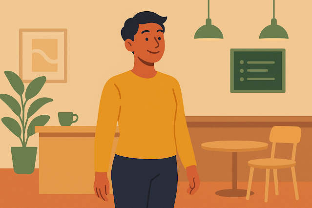 Hình minh họa theo phong cách phẳng, bố cục ngang: Một người đứng thẳng tự tin trong không gian quán cà phê tối giản với tông màu ấm áp. Hình ảnh mang tính biểu tượng cho việc "xây dựng sự tự tin".