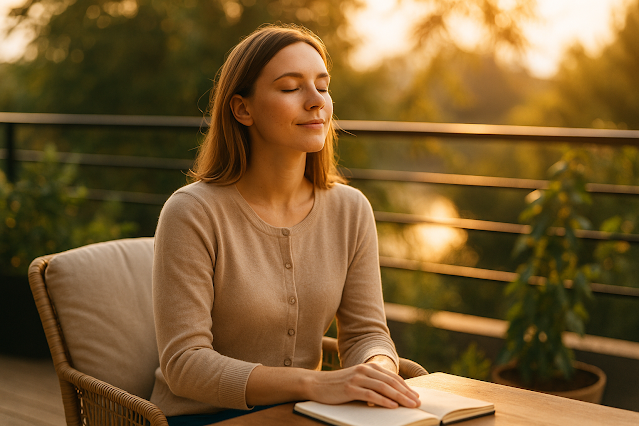 Frau entspannt im warmen Abendlicht – Moment innerer Ruhe.