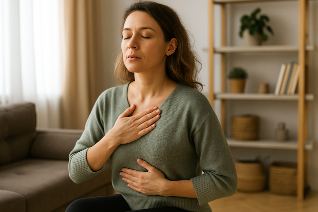 Cảnh chụp thực tế theo khổ ngang: Một người phụ nữ ngồi bình tĩnh trong phòng khách sáng sủa, chạm vào ngực và bụng trong khi hít thở có ý thức. Hình ảnh tượng trưng cho việc tiếp đất trong cuộc sống hàng ngày.