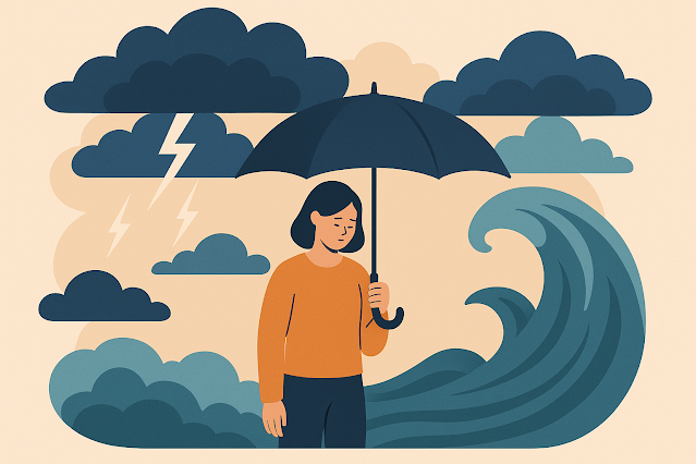 Minh họa phong cách phẳng, khổ ngang: Một người che chắn bằng chiếc ô trước mây giông và sóng lớn. Hình ảnh biểu tượng cho khả năng tự điều chỉnh cảm xúc trong Borderline.