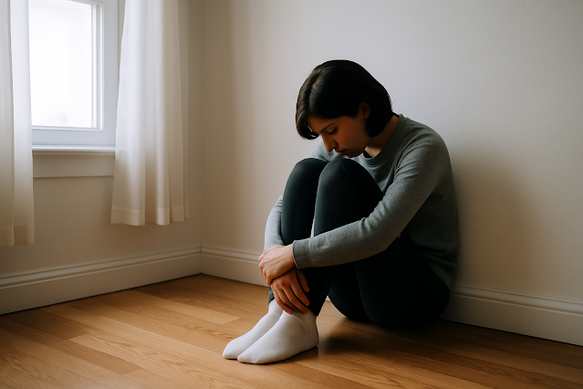 Cảnh phong cảnh chân thực: Một người ngồi một mình trên sàn nhà trong một căn phòng sáng sủa, co gối lại, cúi đầu. Hình ảnh tượng trưng cho sự thu mình trong rối loạn nhân cách ranh giới thể thầm lặng.