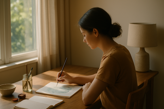 Cảnh phong cảnh chân thực: Một người ngồi ở bàn, vẽ hoặc viết sáng tạo; ánh sáng ấm áp chiếu vào phòng. Hình ảnh tượng trưng cho những khía cạnh tích cực của rối loạn nhân cách ranh giới.