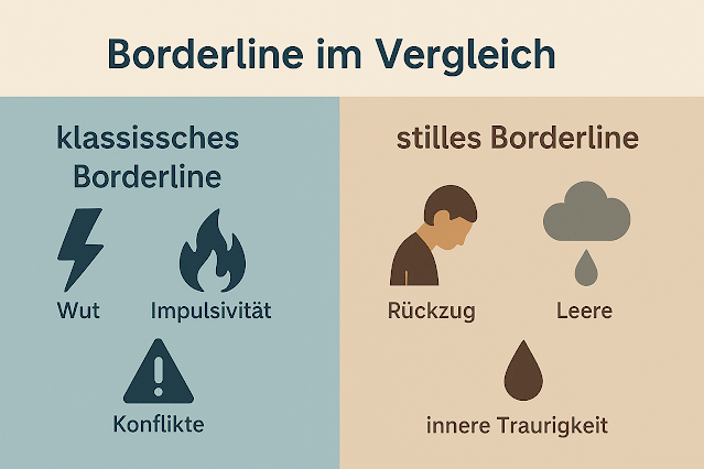 Infografik im Querformat: Vergleich von klassischem Borderline (Wut, Impulsivität, Konflikte) und stillem Borderline (Rückzug, innere Leere, Traurigkeit).