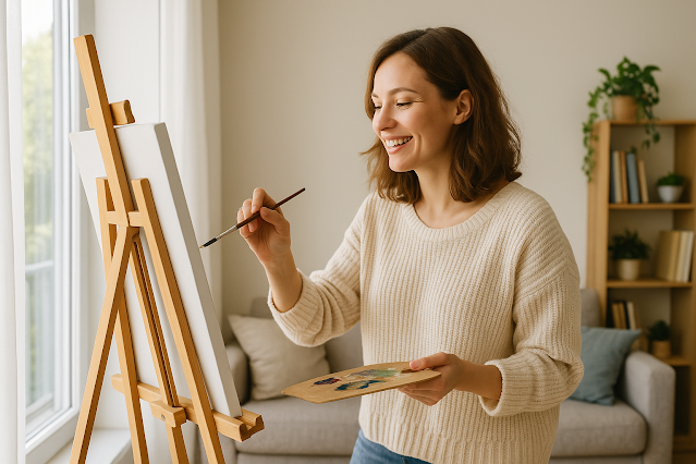 Cảnh chụp thực tế theo khổ ngang: Một phụ nữ trẻ mỉm cười khi vẽ trên khung tranh trong một căn hộ sáng sủa. Hình ảnh tượng trưng cho sự sáng tạo và những khía cạnh tích cực của rối loạn nhân cách ranh giới.
