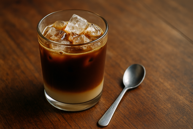 Nahaufnahme eines Glases vietnamesischer Cà phê sữa đá mit drei klaren Schichten: unten helle Kondensmilch, darüber dunkler Kaffee, oben Eiswürfel, daneben ein kleiner Löffel auf Holztisch.