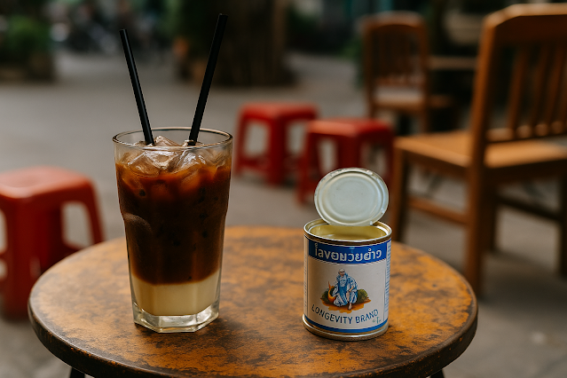 Traditioneller vietnamesischer Eiskaffee mit Kondensmilch und Eiswürfeln auf kleinem Straßentisch, daneben offene Kondensmilchdose, im Hintergrund Plastikstühle.
