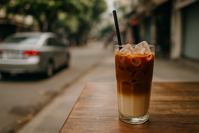 Eiskaffee - Glas vietnamesischer Cà phê sữa đá mit drei klaren Schichten: unten helle Kondensmilch, darüber dunkler Kaffee, oben Eiswürfel, auf Holztisch in Straßenszene in Hanoi.