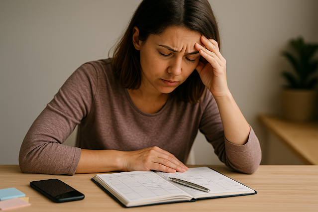 Người phụ nữ mệt mỏi nhìn vào lịch trình hàng tuần của mình – điển hình của tình trạng quá tải do ADHD.