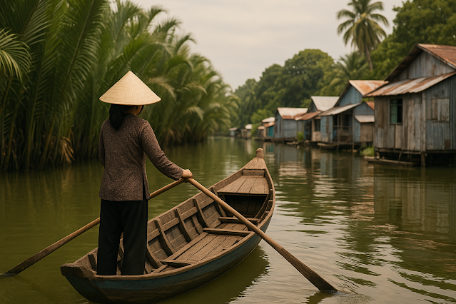 Frau mit Nón Lá rudert im Mekong-Delta ein Holzboot entlang von Wasserpalmen und schwimmenden Häusern.
