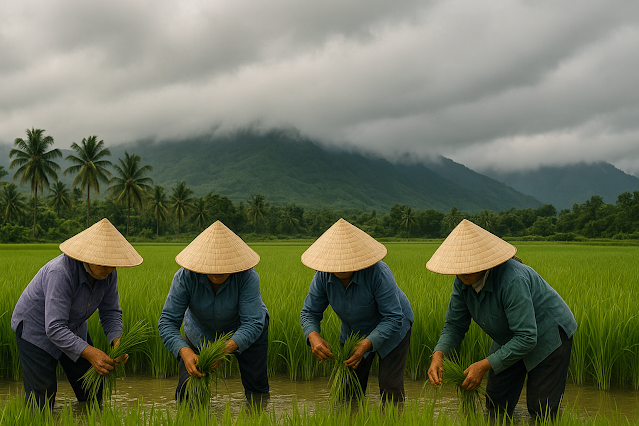 Vietnamesische Bäuerinnen mit Nón Lá arbeiten in einem grünen Reisfeld vor Palmen und Bergen.