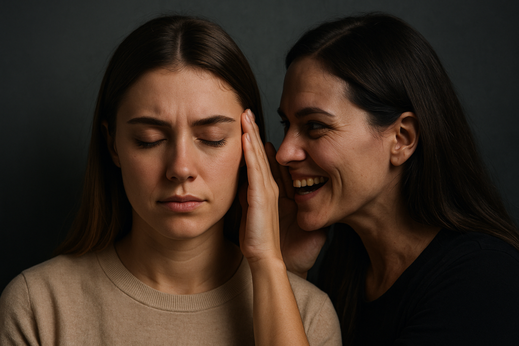 Innerer Kritiker Eine Person sitzt nachdenklich, während eine dunkle, schattenhafte Version ihrer selbst ihr mit hämischem Grinsen etwas ins Ohr flüstert. Symbolbild für den inneren Kritiker.