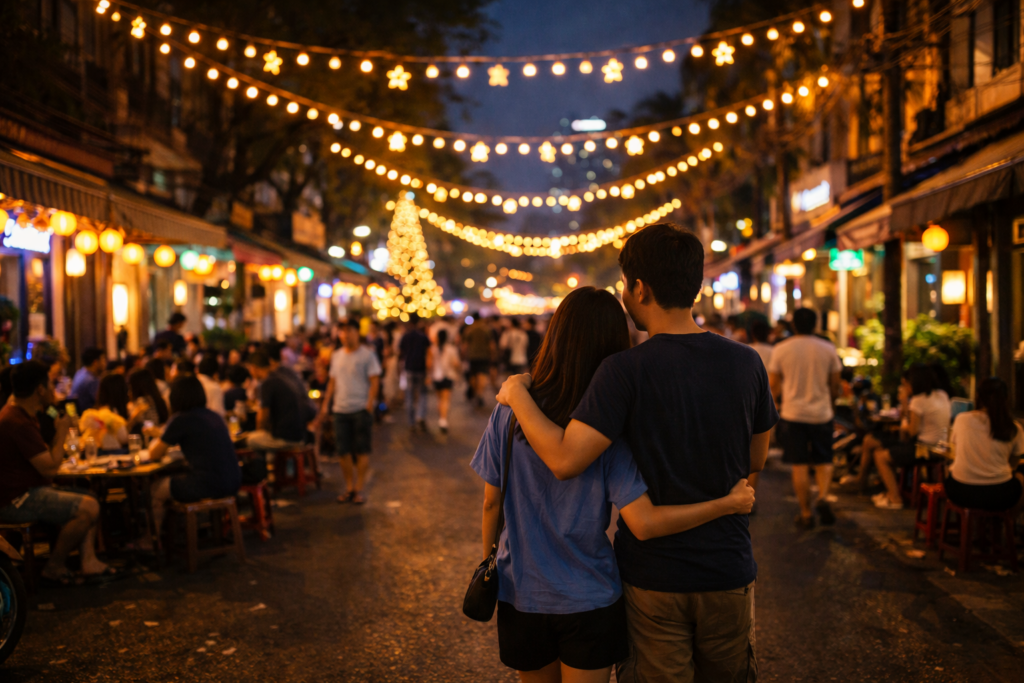 Junges Paar spaziert an einem warm beleuchteten vietnamesischen Straßenabschnitt am Weihnachtsabend, Cafés und Stadtleben im Hintergrund; Weihnachten als romantischer Social-Event-Moment.