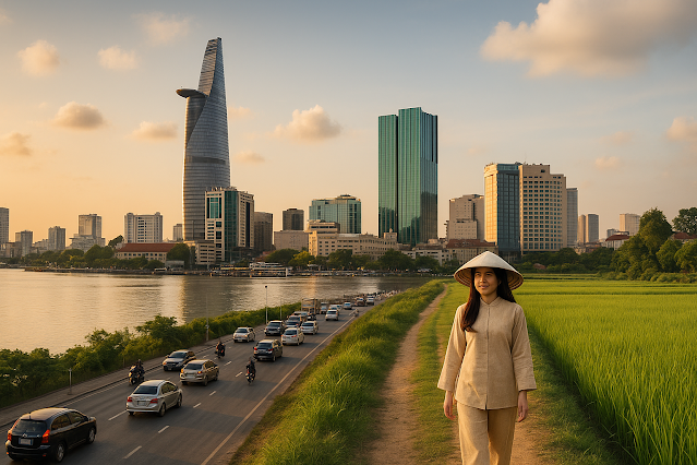 Kontrast in Vietnam: Skyline von Ho-Chi-Minh-Stadt mit Bitexco Tower links, rechts grüne Reisfelder mit Frau im traditionellen Áo bà ba und Nón Lá.