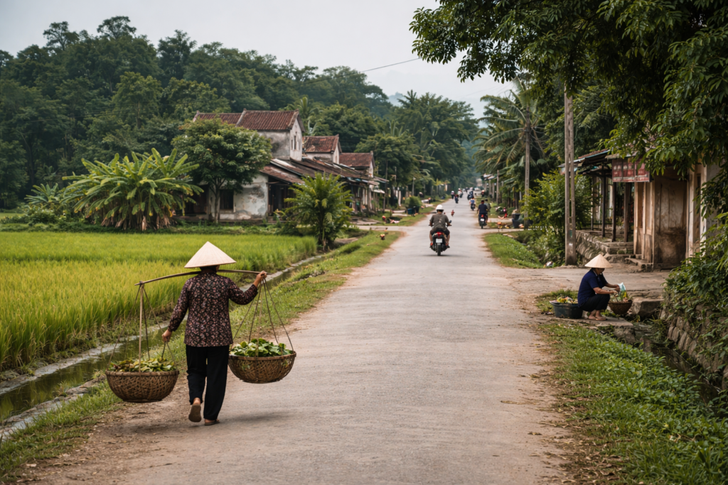 Ruhige ländliche Szene in Vietnam mit Dorfstraße und Reisfeldern; im Alltag ist Weihnachten außerhalb der Städte kaum sichtbar.