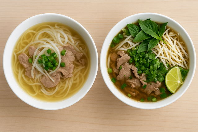 Zwei Schalen Phở nebeneinander: links klare nordvietnamesische Brühe mit wenigen Kräutern, rechts südliche Variante mit vielen Kräutern, Sprossen und Limette.