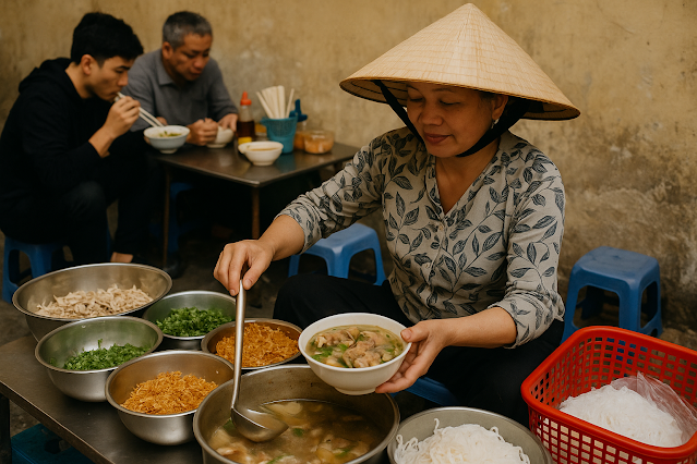 Vietnamesische Frau mit Nón Lá schöpft Phở aus einem großen Topf, verschiedene Zutaten in Metallschüsseln, im Hintergrund Gäste auf kleinen Hockern.
