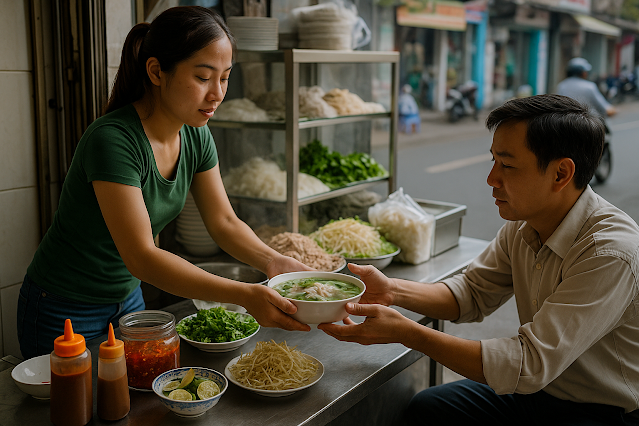 Junge Frau reicht einem Mann eine dampfende Schale Phở über den Tisch, umgeben von frischen Kräutern, Limetten, Bohnensprossen und Soßen.