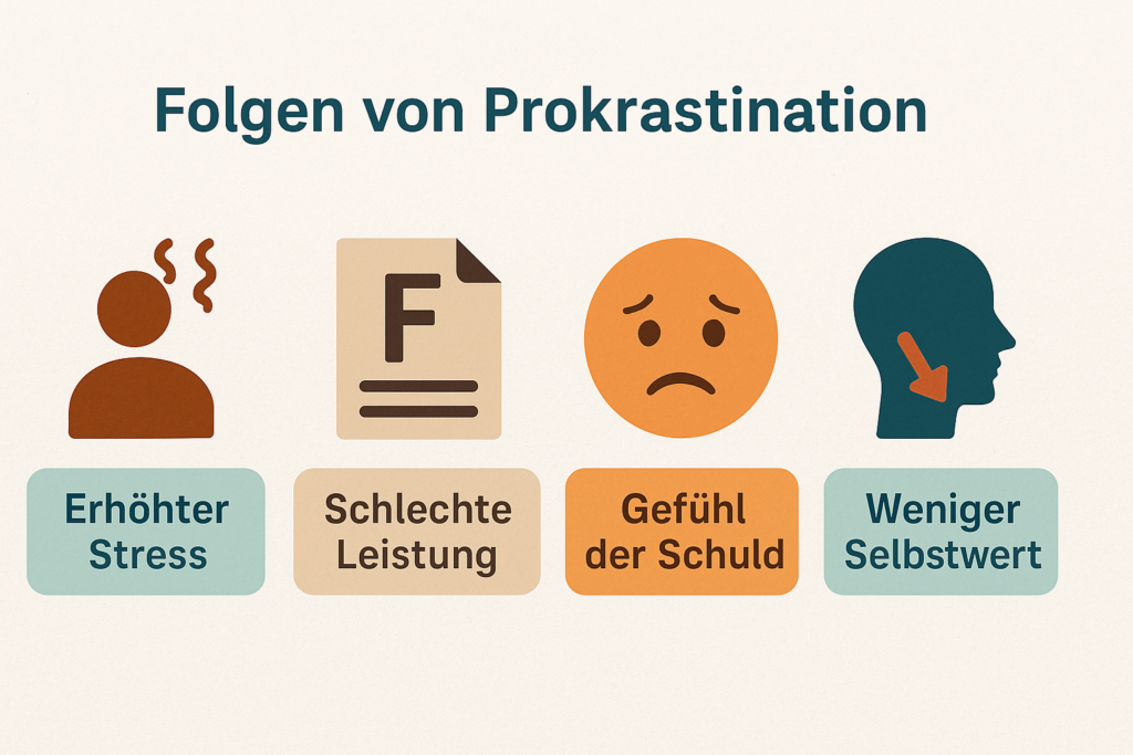Infografik: Folgen von Prokrastination – erhöhter Stress, schlechte Leistung, Schuldgefühle und geringeres Selbstwertgefühl.