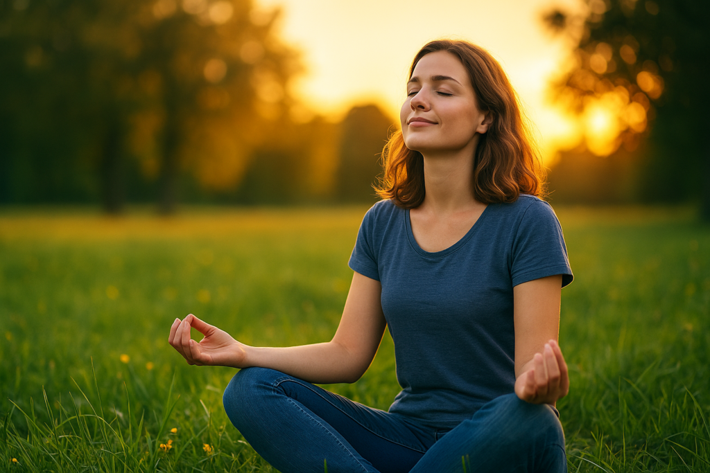 Frau sitzt entspannt im Gras und genießt die Ruhe – Symbol für Erleichterung, Motivation und Hoffnung nach überstandener Prokrastination.