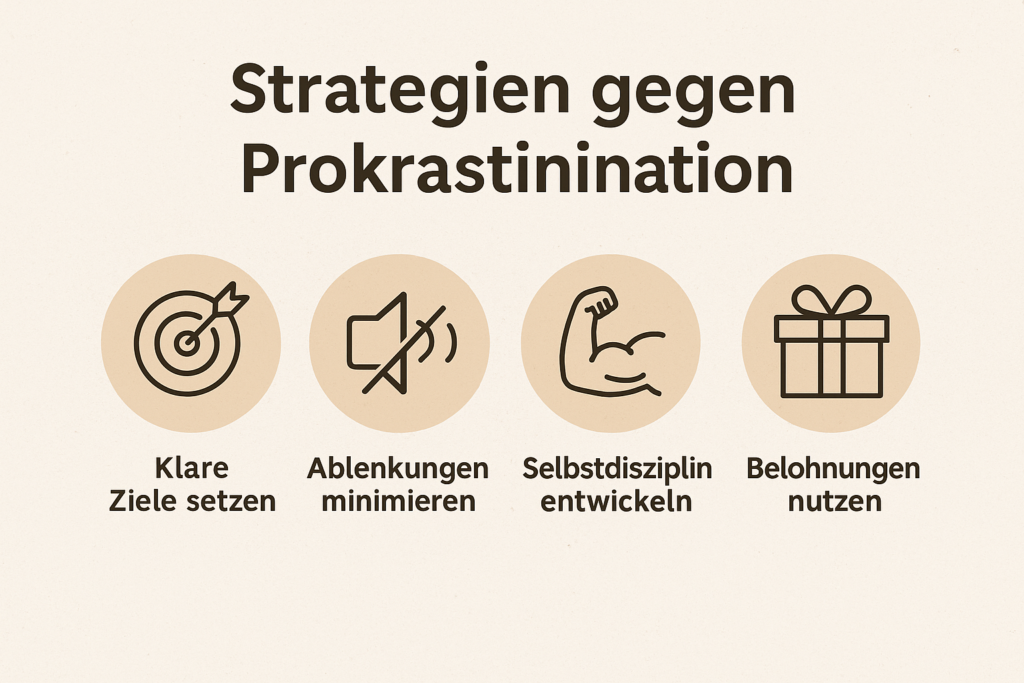 Infografik: Strategien gegen Prokrastination – klare Ziele setzen, Ablenkungen minimieren, Selbstdisziplin entwickeln und Belohnungen nutzen.