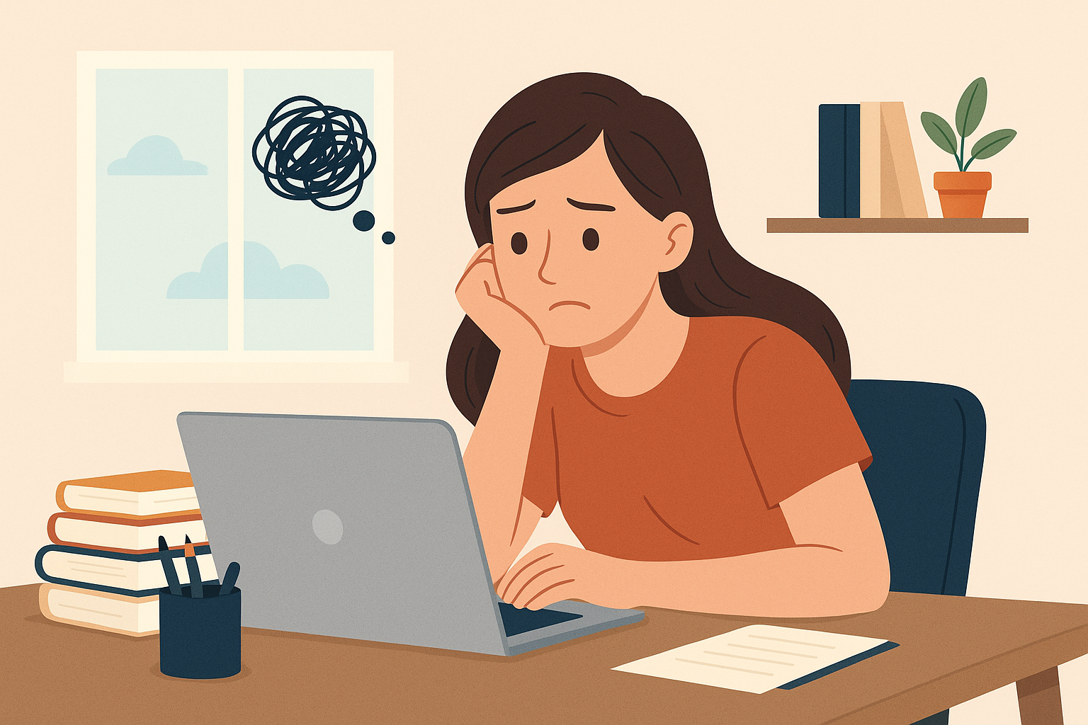 Hình ảnh minh họa một phụ nữ trẻ ngồi ở bàn làm việc, vẻ mặt thất vọng nhìn vào máy tính xách tay và trì hoãn công việc – một hình ảnh tượng trưng cho thói quen trì hoãn thường ngày.