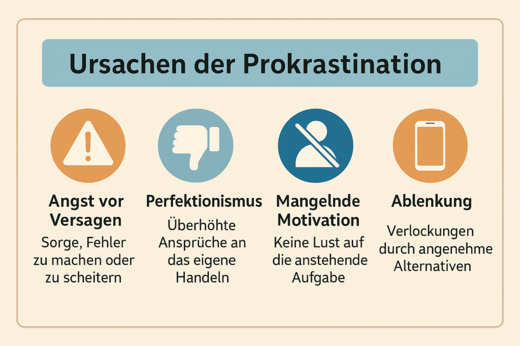 Infografik: Ursachen von Prokrastination – Angst vor Versagen, Perfektionismus, mangelnde Motivation und Ablenkung mit passenden Symbolen.