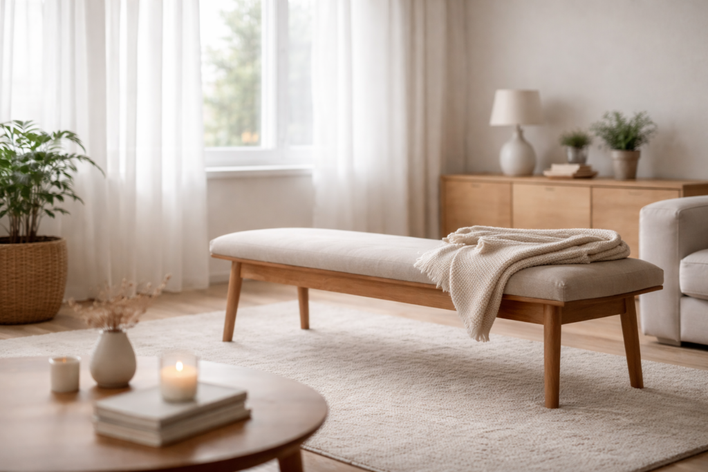 Không gian sinh hoạt yên tĩnh với ánh sáng tự nhiên và nội thất tối giản