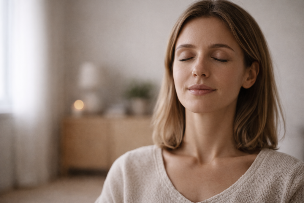 Người phụ nữ nhắm mắt trong không gian yên tĩnh, tập trung vào cảm nhận bên trong
