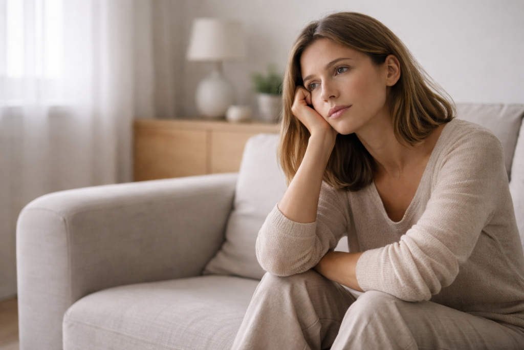 Người phụ nữ ngồi trầm tư trên ghế sofa, ánh nhìn suy ngẫm