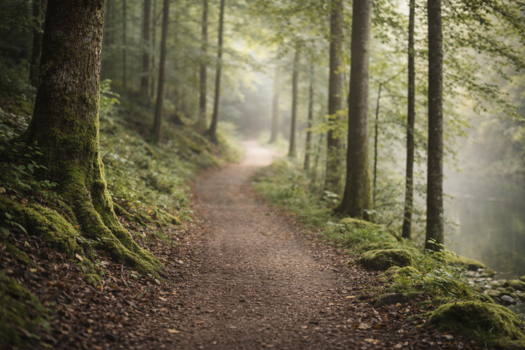 Một con đường mòn yên tĩnh, thư giãn trong rừng giúp bạn tìm thấy sự cân bằng nội tâm.