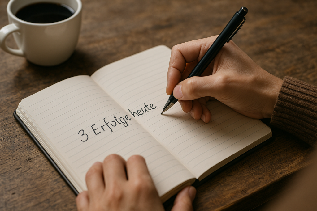 3 Erfolge für mehr Selbstwert Eine Person schreibt in ein Tagebuch den Satz „3 Erfolge heute“. Daneben liegen ein Stift und eine Tasse Kaffee. Symbolbild für Übungen, um das Selbstwertgefühl zu stärken.