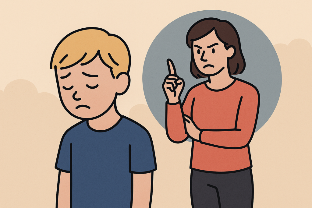 Ein Kind mit gesenktem Kopf steht im Vordergrund, während ein Elternteil im Hintergrund mahnend den Finger erhebt. Symbolbild für Ursachen von geringem Selbstwert.