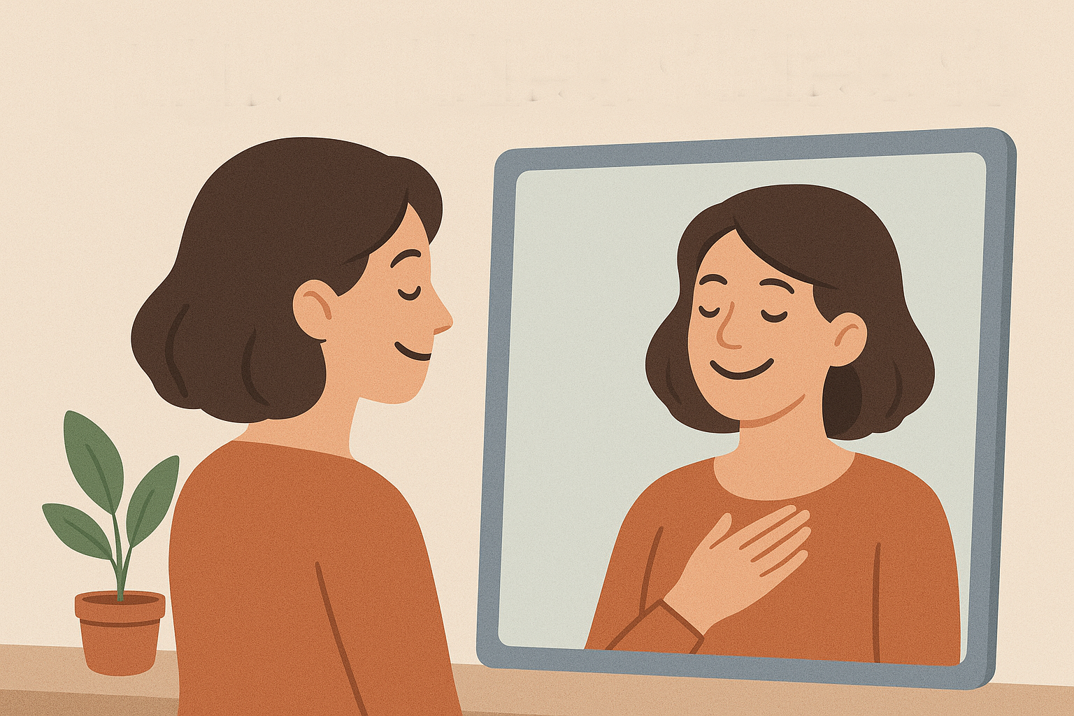 Minh họa một người phụ nữ đứng trước gương, nhẹ nhàng đặt tay lên ngực và nhìn hình ảnh phản chiếu của chính mình, biểu tượng cho sự tự chấp nhận, lòng trắc ẩn với bản thân và việc củng cố lòng tự trọng.