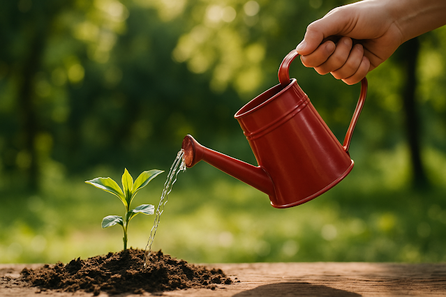 Fotorealistische Szene im Querformat: Eine Hand gießt eine kleine Pflanze mit einer roten Gießkanne, die Pflanze wächst sichtbar. Symbolbild dafür, dass Handlungen Wirkung haben.