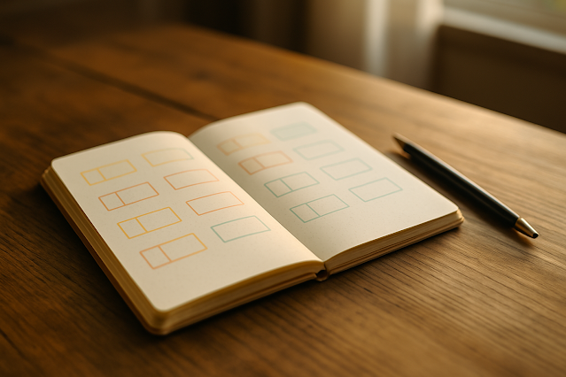 Fotorealistische Szene im Querformat: Ein aufgeschlagenes Notizbuch mit farbigen Kästchen für Tagespläne liegt auf einem Holztisch, daneben ein Stift, warmes Sonnenlicht. Symbolbild für den 14-Tage-Plan zur Selbstwirksamkeit.