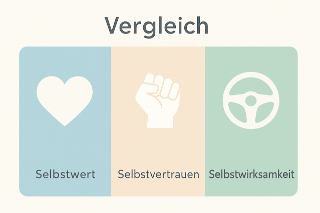 Infografik im Querformat: Vergleich von Selbstwert (Herz), Selbstvertrauen (Faust) und Selbstwirksamkeit (Steuer).