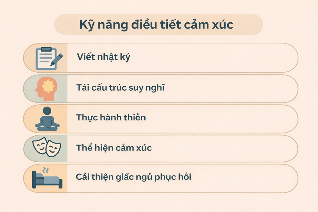 Đồ họa thông tin theo khổ ngang: Tổng quan về kế hoạch 14 ngày với các biểu tượng cho các kỹ năng như TIP, Tiếp đất, Ngủ, Vận động, Kiểm tra sự thật, Hành động ngược lại, Chánh niệm và GỬI NGƯỜI YÊU.