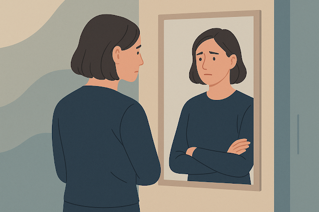 Titelbild: Stille Borderline-Persönlichkeitsstörung – Eine verunsicherte Frau betrachtet sich im Spiegel.